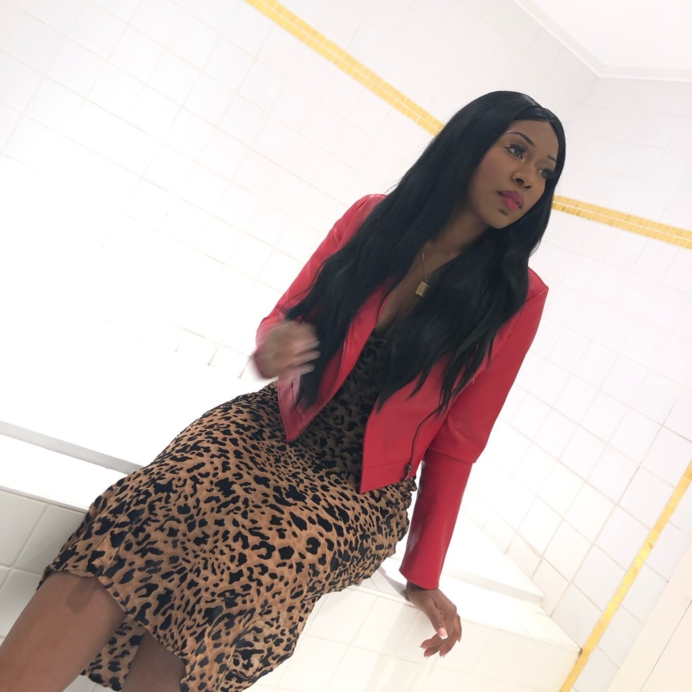 Red faux leather jacket